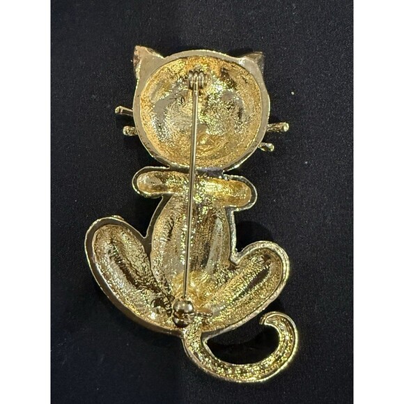 Sparkling Pave Rhinestone Cat Brooch Pin Gold Tone Bow Tie Kitty Cat - Picture 6 of 6